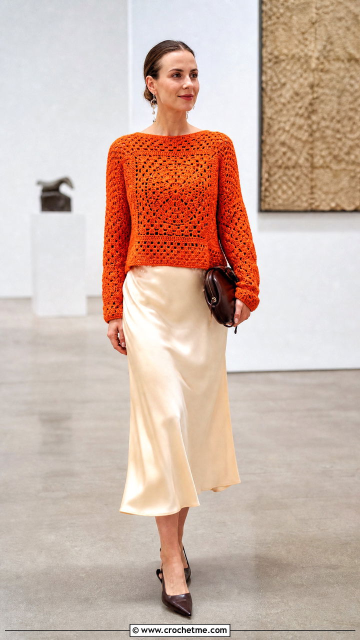 Two Square Granny Square Sweater With Satin Midi Skirt - 35 big granny square sweater outfit ideas