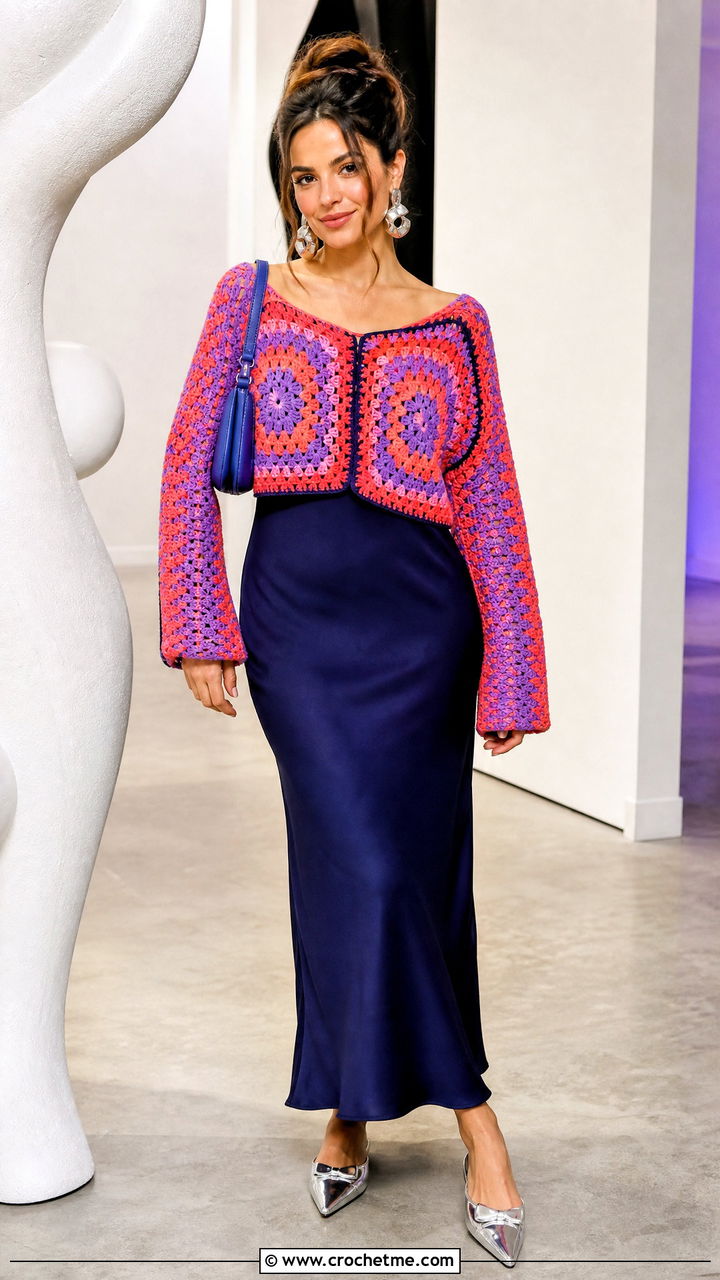 Two Square Granny Square Sweater With Slip Dress - 35 crochet granny square sweater outfit ideas