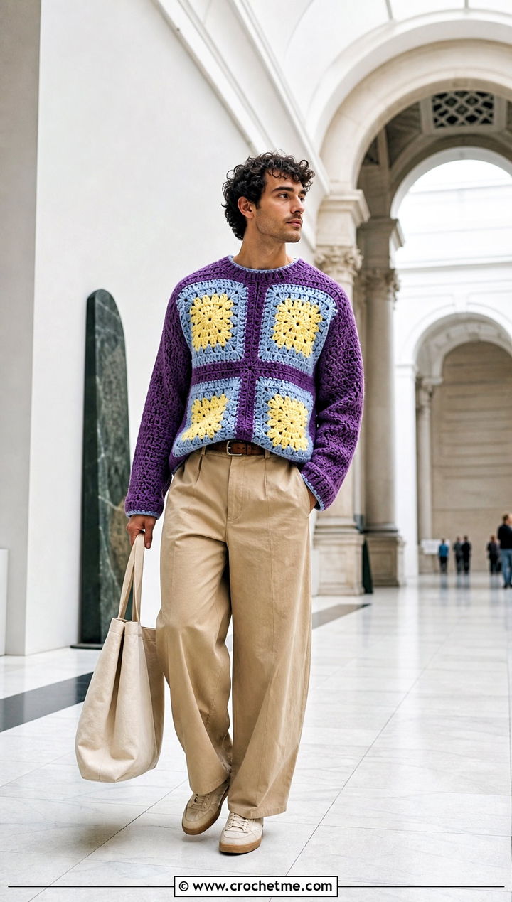 Two Square Granny Square Sweater With Wide Leg Chinos - 25 Crochet Granny Square Sweater For Men outfit ideas