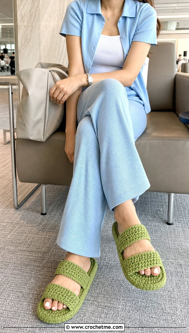 Two Strap Crochet Slippers With Matching Knit Set - 25 Cute Crochet Slippers outfit ideas