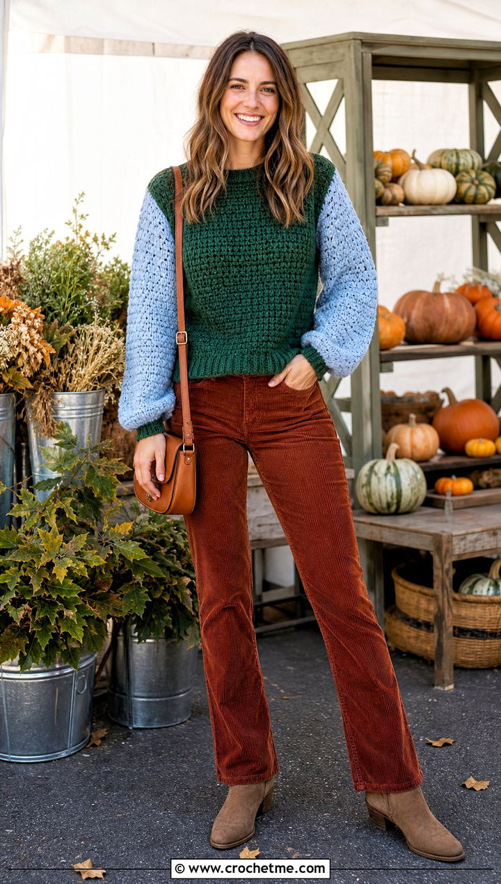 Two Tone Alpine Stitch Sweater With Corduroy Pants - 25 crochet alpine stitch sweater outfit ideas