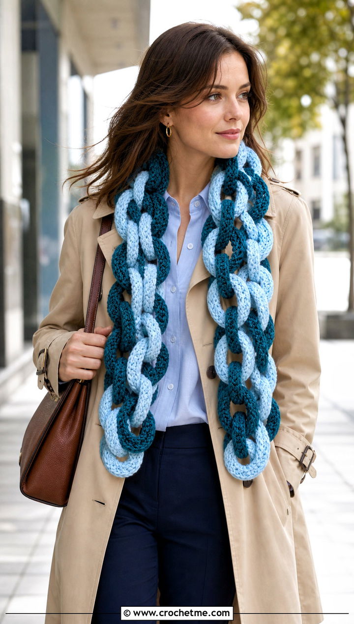 Two Tone Alternating Link Crochet Scarf With Trench Coat And Loafers - 15 Chain Link Crochet Scarf outfit ideas