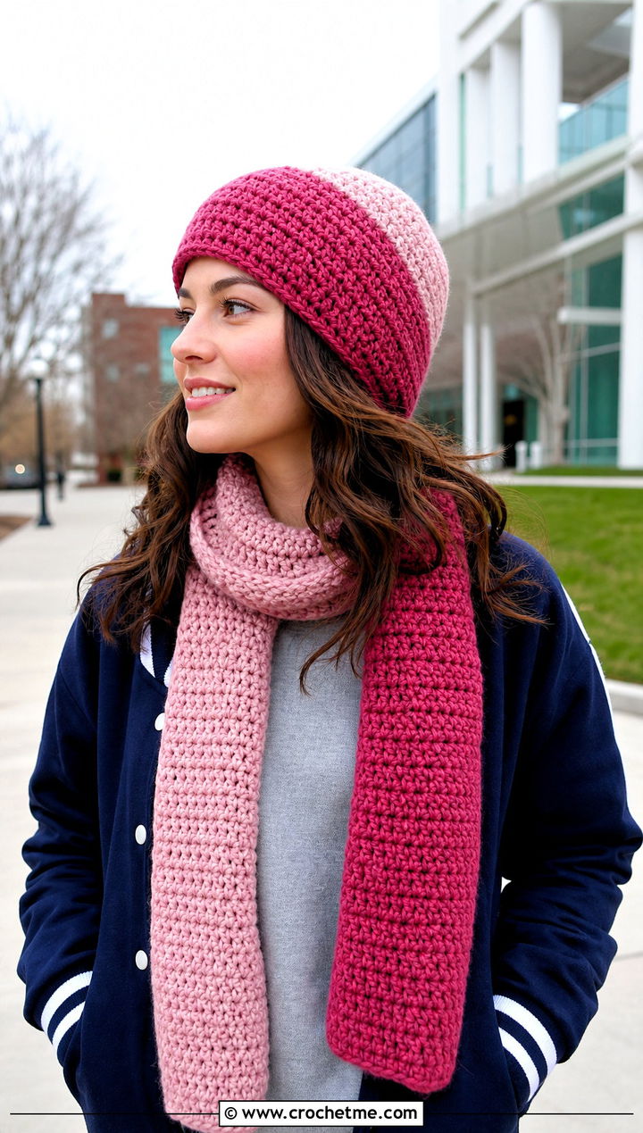 Two Tone Beanie And Color Block Scarf With Varsity Jacket - 30 crochet hat and scarf outfit ideas