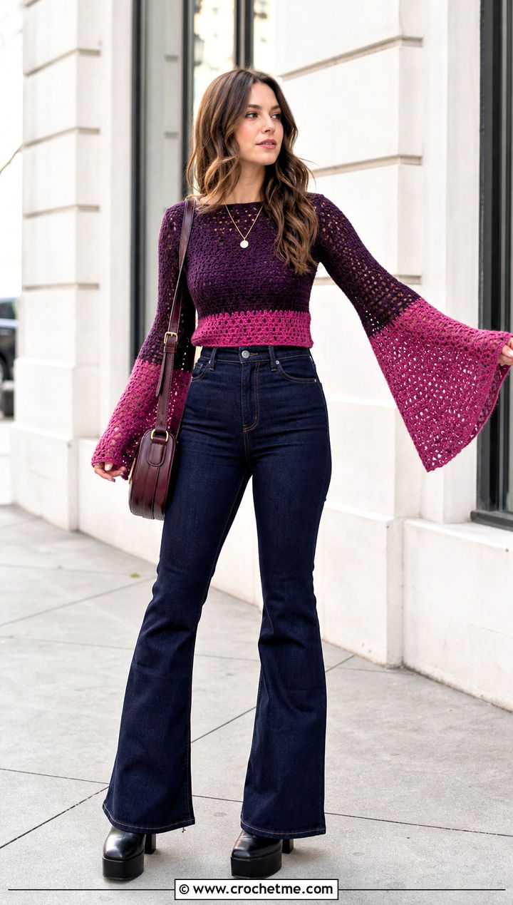 Two Tone Bell Sleeve Crochet Top With Flared Jeans - 25 Two Toned Crochet Top outfit ideas