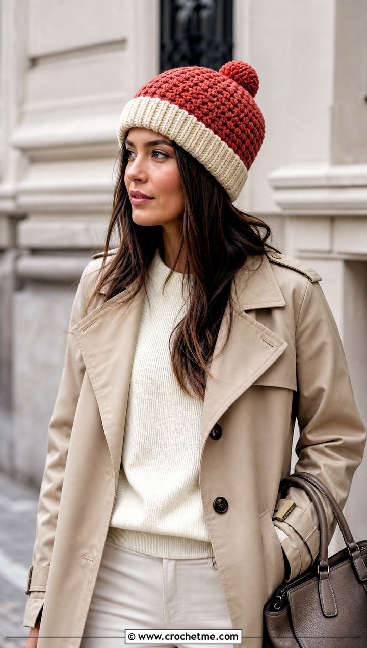 Two Tone Bert Crochet Hat With Trench Coat - 15 Bert Crochet Hat outfit ideas