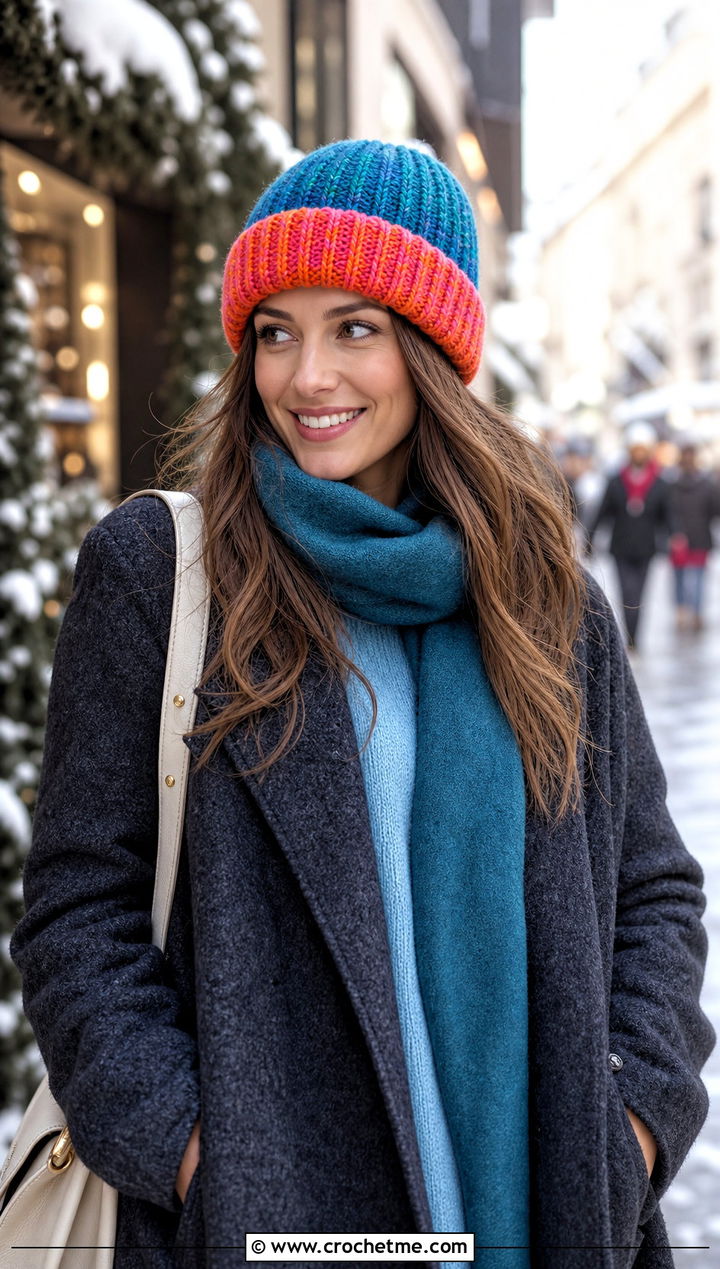 Two Tone Brim Crochet Beanie With Long Coat - 15 multi color crochet hat outfit ideas