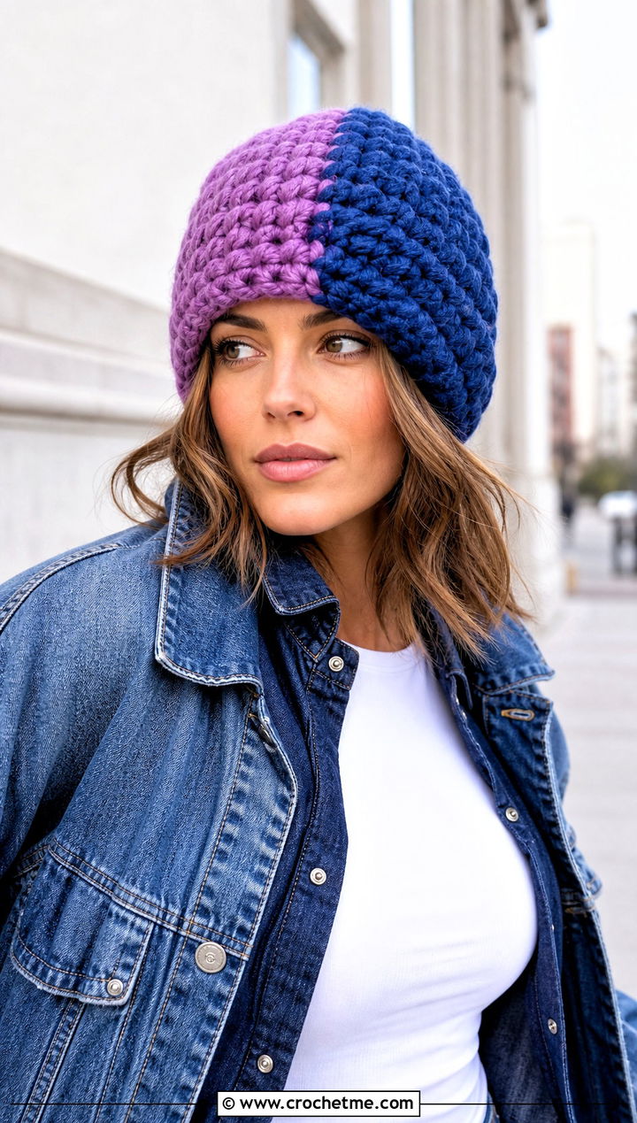 Two Tone Bulky Crochet Beanie With Double Denim - 30 bulky crochet beanie outfit ideas