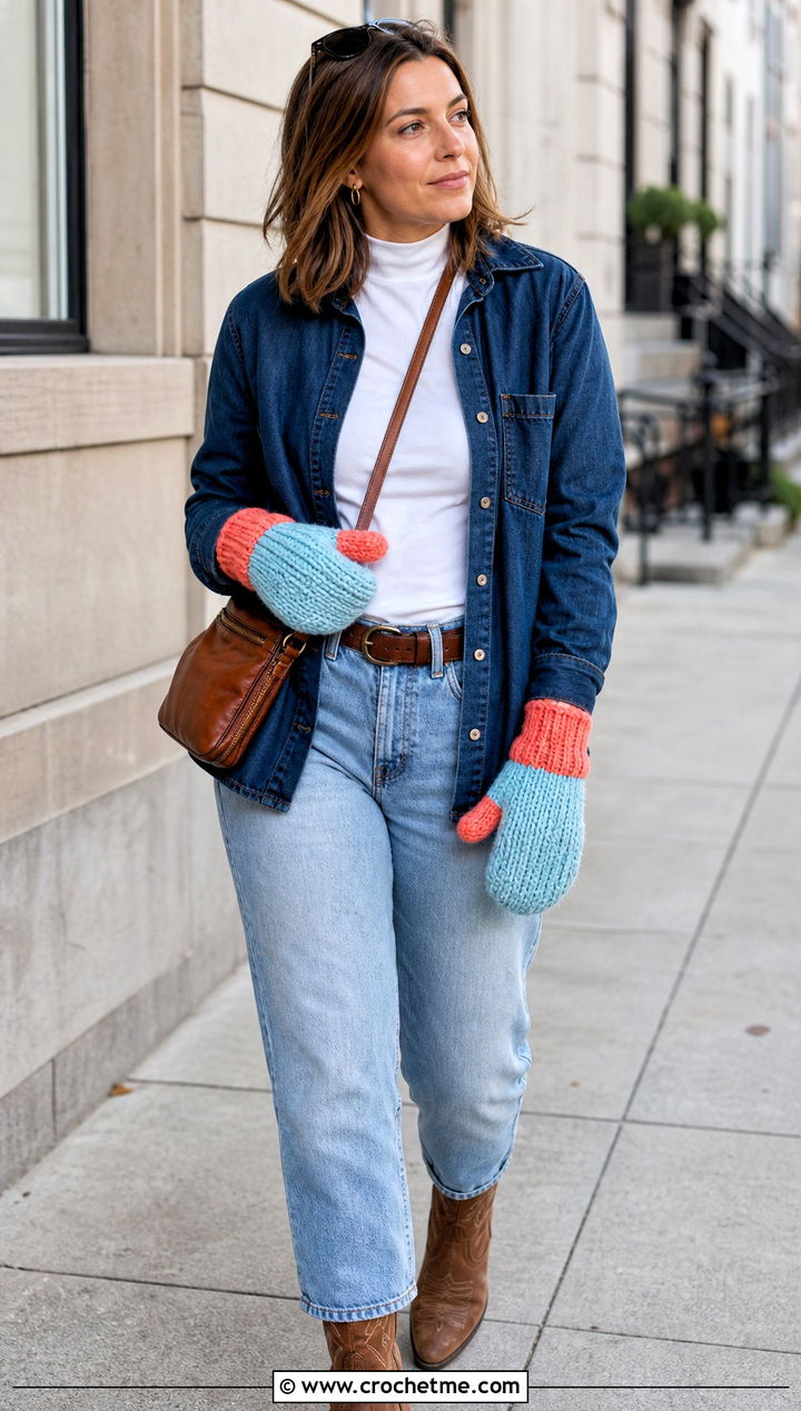 Two Tone Bulky Crochet Mittens With Double Denim - 20 Crochet Mittens Bulky Yarn outfit ideas