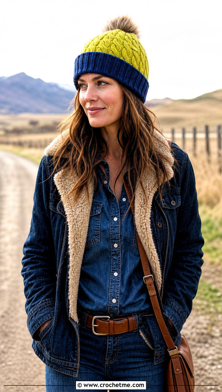 Two Tone Cable Beanie With Western Denim Outfit - 20 Crochet Cable Stitch Beanie outfit ideas