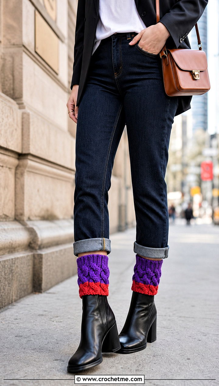Two Tone Cable Crochet Boot Cuffs With Blazer and Straight Jeans - 30 crochet boot cuff outfit ideas