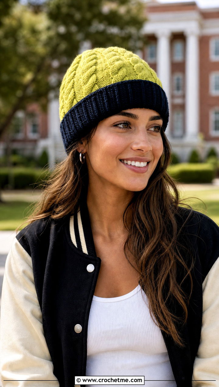 Two Tone Cable Stitch Hat With Varsity Jacket - 25 Crochet Cable Stitch Hat outfit ideas
