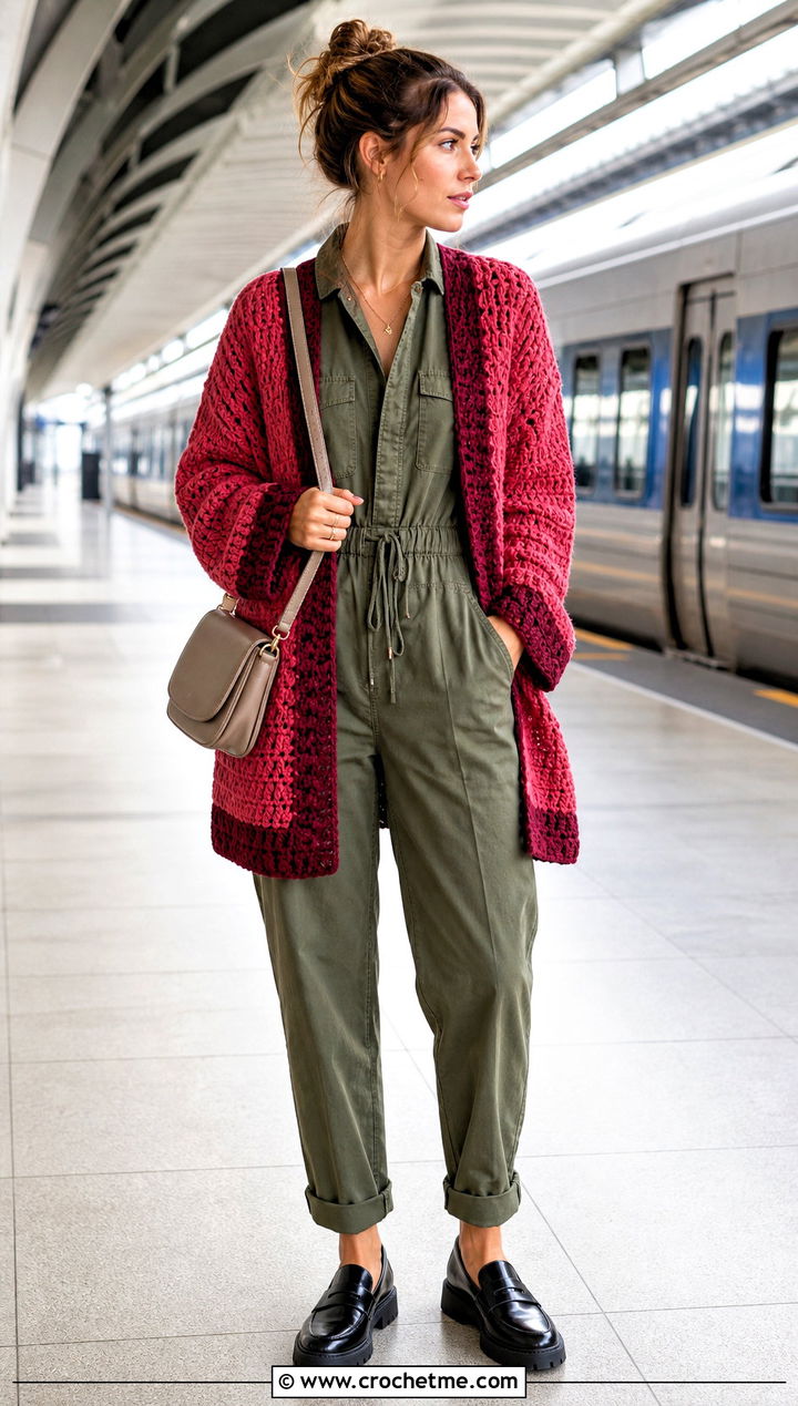 Two Tone Campfire Cardigan With Utility Jumpsuit - 30 crochet campfire cardigan outfit ideas