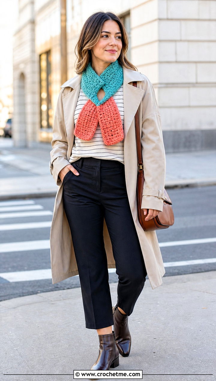 Two Tone Cari Keyhole Crochet Scarf With Trench Coat - 15 Cari Keyhole Crochet Scarf outfit ideas