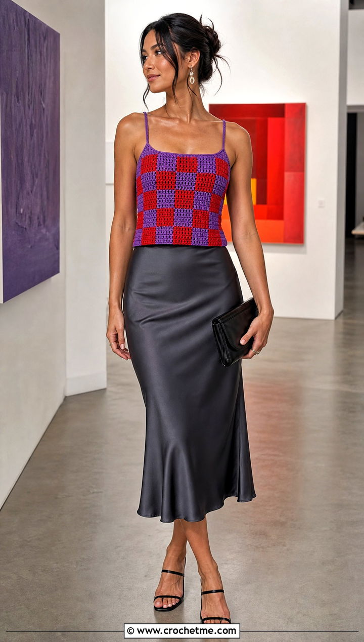 Two Tone Checkerboard Crochet Cami With Satin Midi Skirt - 25 Two Toned Crochet Top outfit ideas