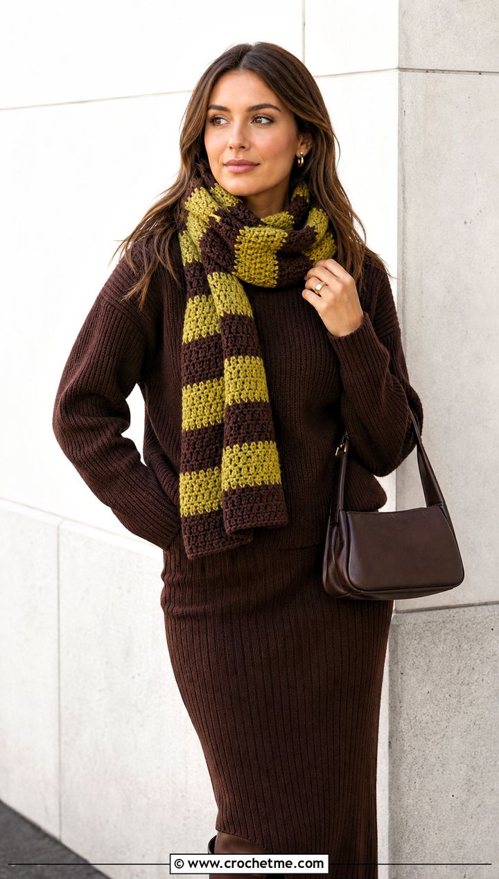 Two Tone Checkered Crochet Scarf With Monochrome Knit Set - 20 Checkered Crochet Scarf outfit ideas