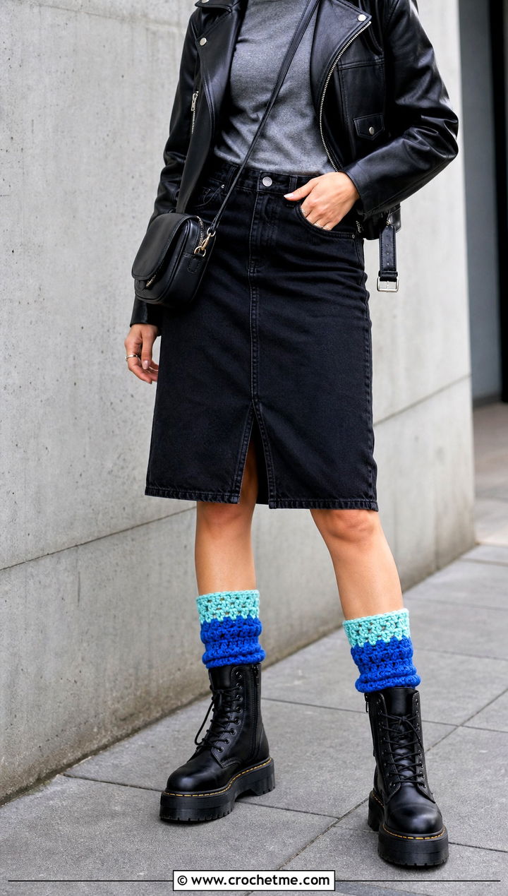 Two Tone Chunky Crochet Boot Socks With Leather Jacket - 25 Chunky Crochet Socks outfit ideas