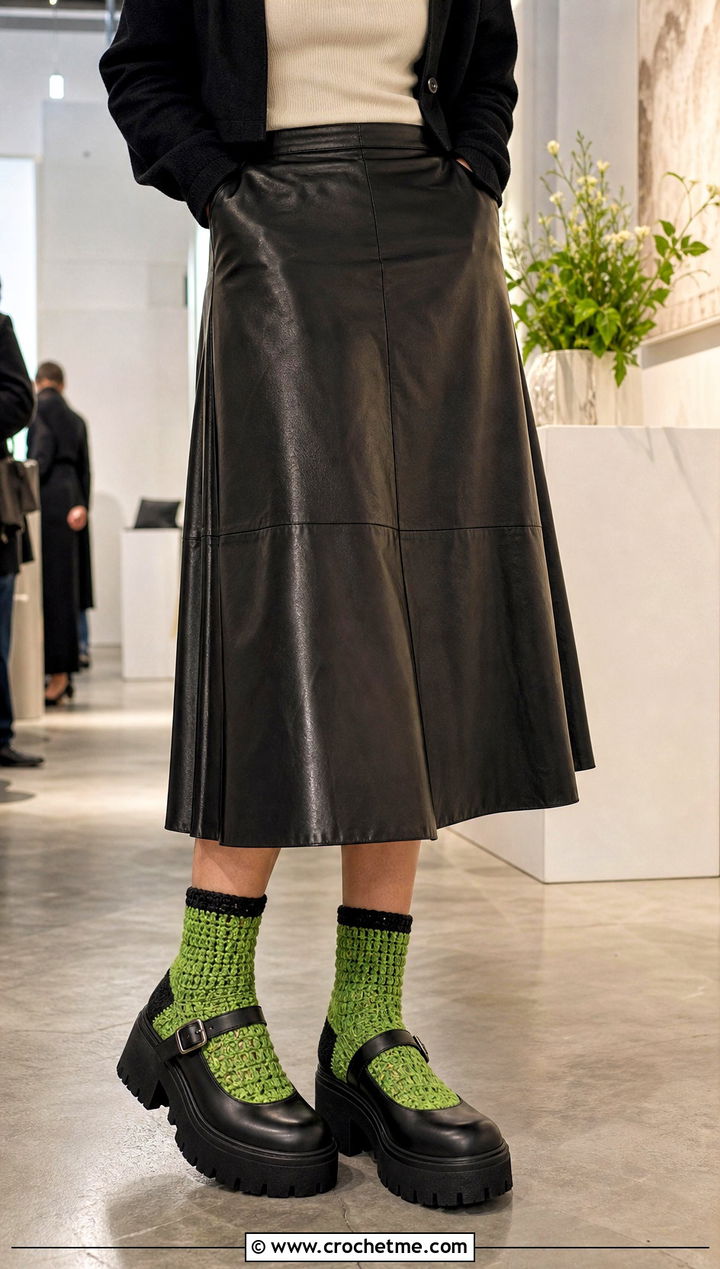 Two Tone Chunky Crochet Crew Socks With A Leather Midi Skirt - 15 crochet sock chunky yarn outfit ideas