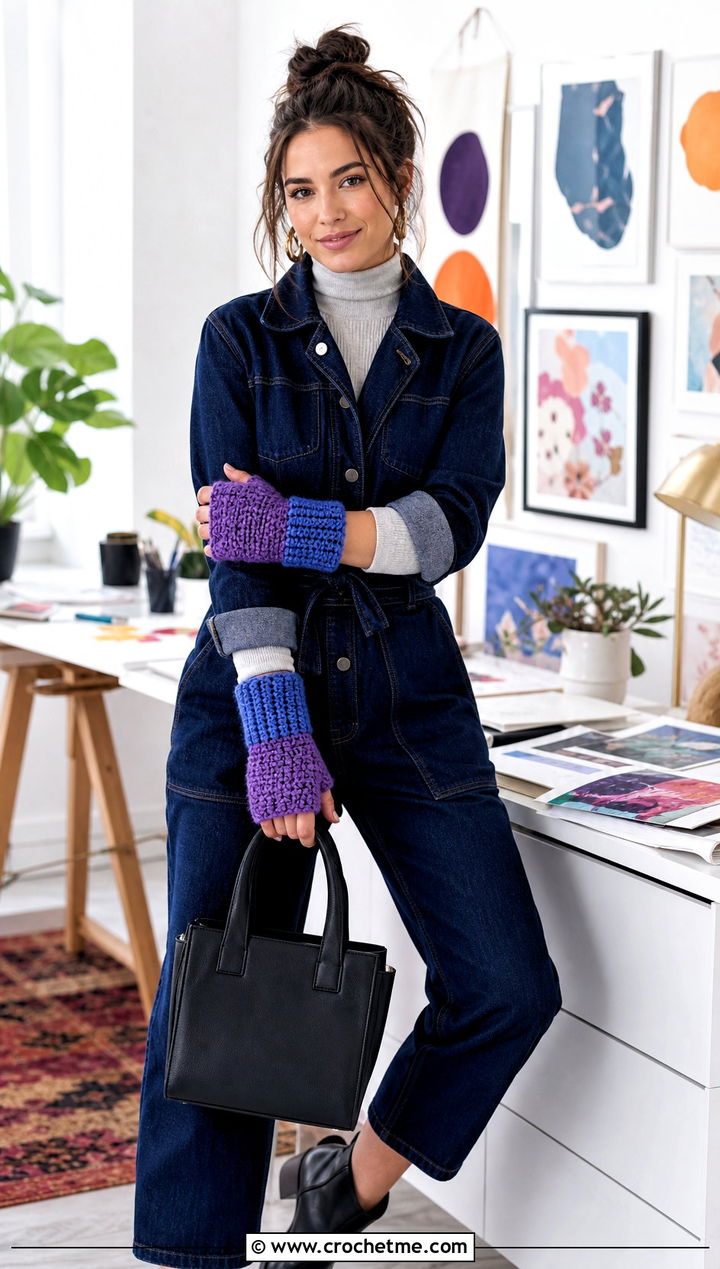 Two Tone Chunky Crochet Fingerless Gloves With Denim Jumpsuit - 30 chunky yarn crochet fingerless gloves outfit ideas