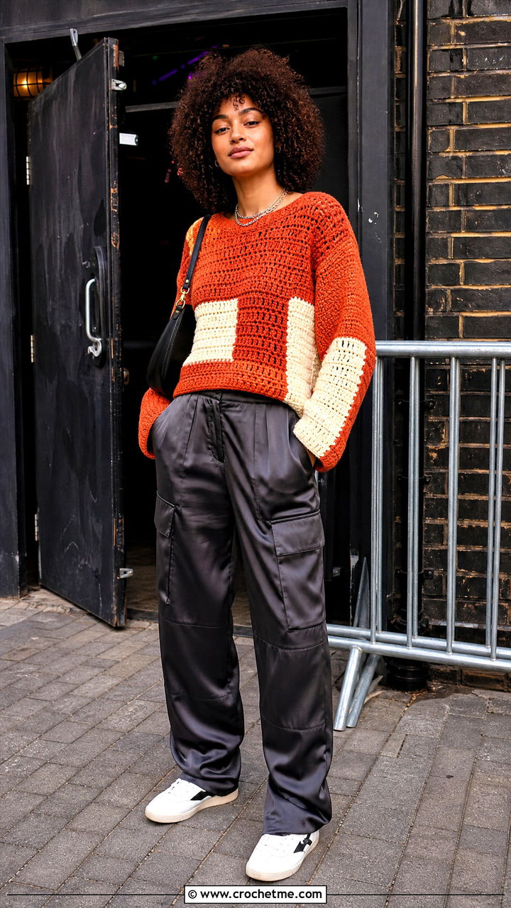 Two Tone Chunky Crochet Jumper With Satin Cargo Pants - 35 chunky crochet jumper outfit ideas