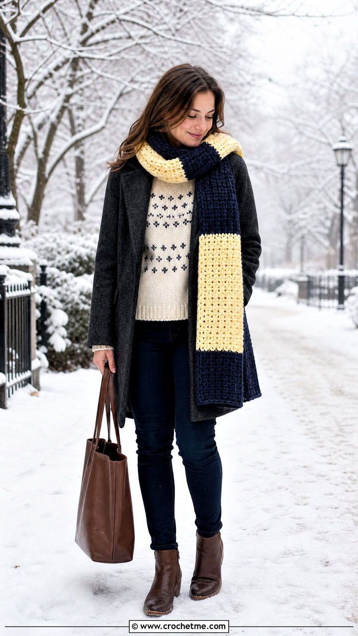 Two Tone Chunky Crochet Scarf With Fair Isle Sweater - 35 chunky crochet scarf outfit ideas