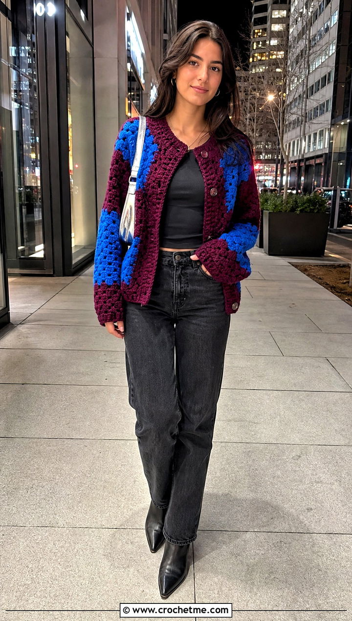 Two Tone Color Block Harry Styles Cardigan With Black Jeans - 15 Crocheting Harry Styles Cardigan outfit ideas