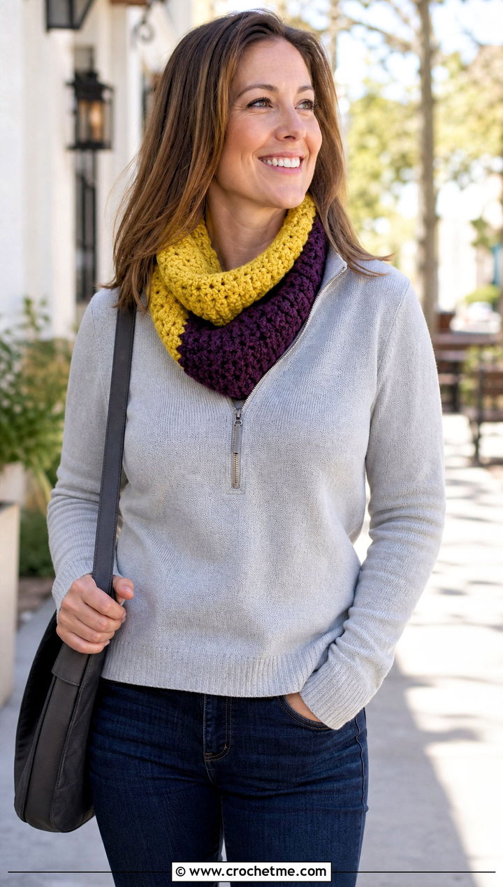 Two Tone Cowl Crochet Scarf With Quarter Zip Sweater - 30 2 color crochet scarf outfit ideas