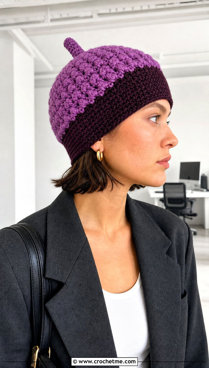 Two Tone Crochet Acorn Hat With Blazer - 30 crochet acorn hat outfit ideas