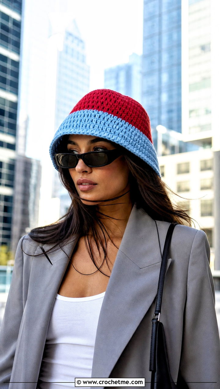 Two Tone Crochet Adult Bucket Hat With Blazer And Bermuda Shorts - 25 crochet adult bucket hat outfit ideas