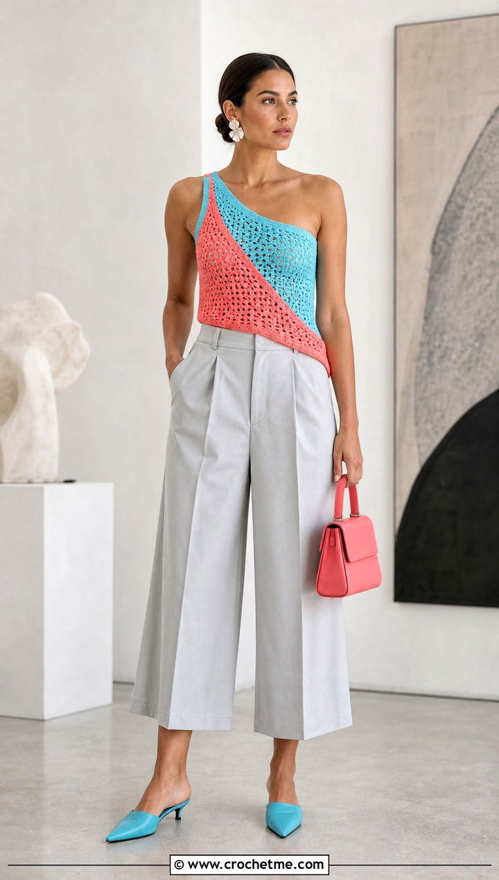 Two Tone Crochet Asymmetrical Top With Tailored Culottes - 30 2 Color Crochet Top outfit ideas