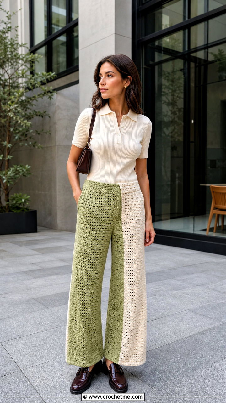 Two Tone Crochet Baggy Pants With Knit Polo - 35 crochet baggy pants outfit ideas