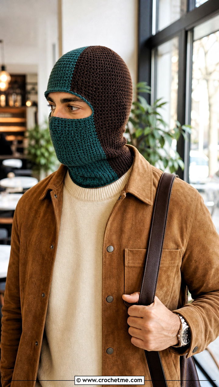 Two Tone Crochet Balaclava With Smart Casual Outfit - 30 crochet balaclava for men outfit ideas