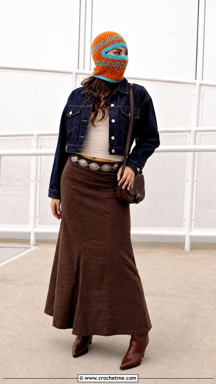 Two Tone Crochet Balaclava With Western Jacket And Maxi Skirt - 35 crochet balaclava outfit ideas