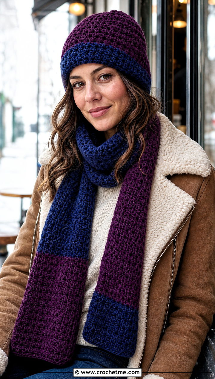 Two Tone Crochet Beanie And Scarf Set With Shearling Jacket - 30 crochet beanie and scarf set outfit ideas