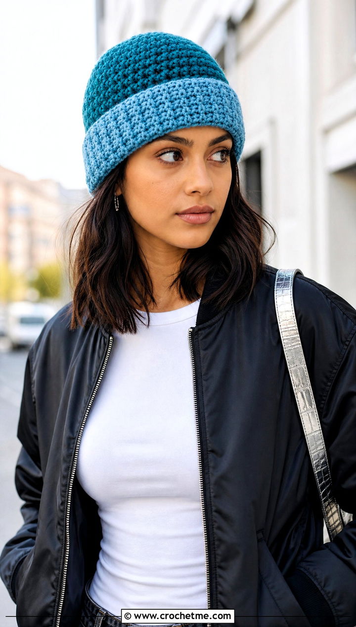Two Tone Crochet Beanie With Bomber Jacket - 30 Quick Crochet Beanie outfit ideas