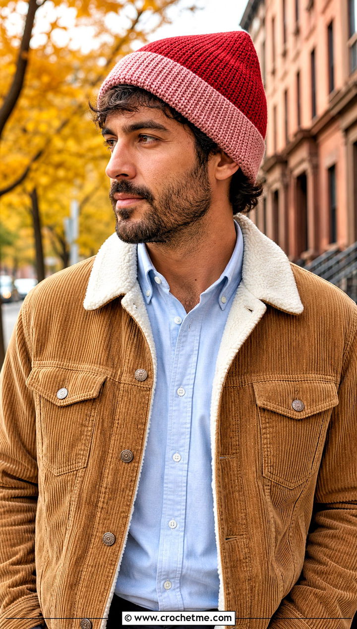 Two Tone Crochet Beanie With Corduroy Jacket - 25 crochet for men's beanies outfit ideas