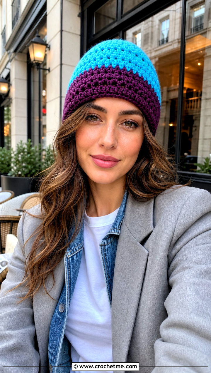 Two Tone Crochet Beanie With Denim And Blazer - 35 basic crochet beanie outfit ideas