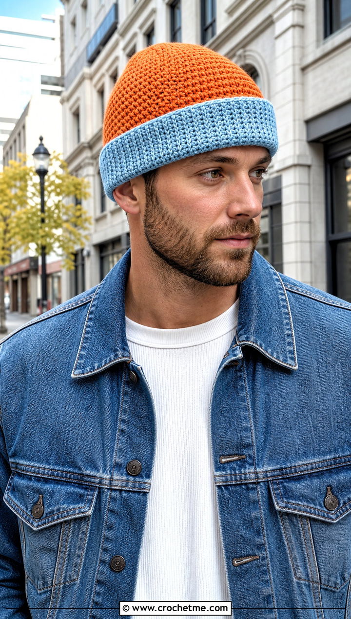 Two Tone Crochet Beanie With Denim Outfit - 30 crochet man beanie outfit ideas