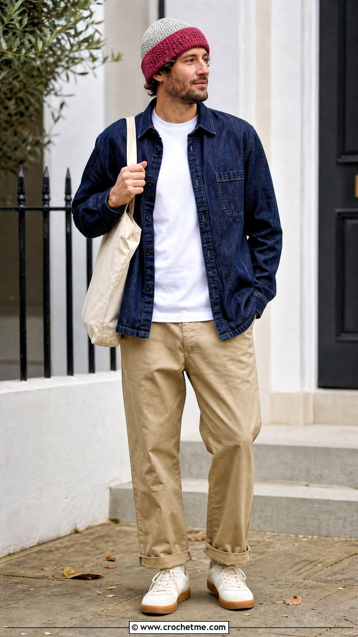 Two Tone Crochet Beanie With Denim Overshirt - 35 men's crochet beanie outfit ideas