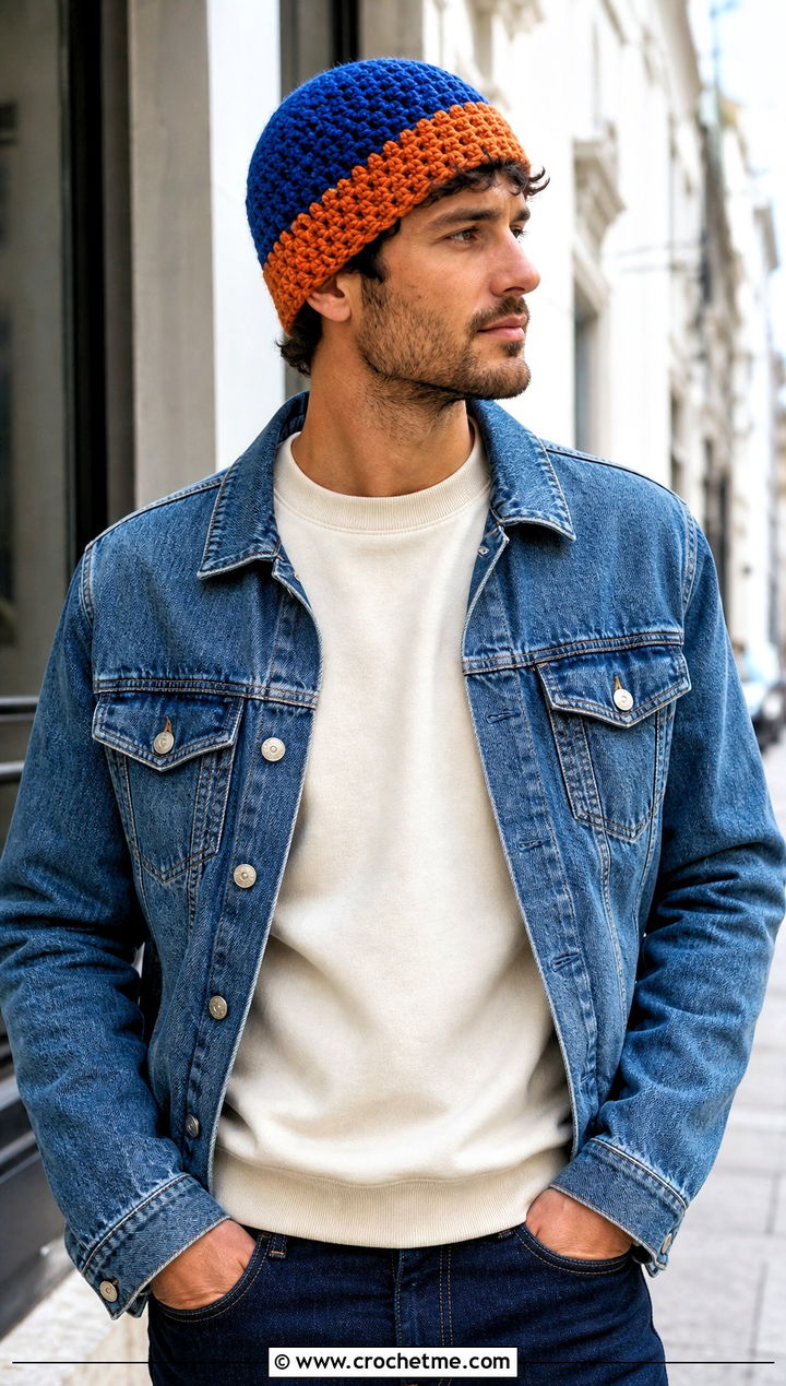 Two Tone Crochet Beanie With Double Denim - 25 easy crochet beanie for men outfit ideas