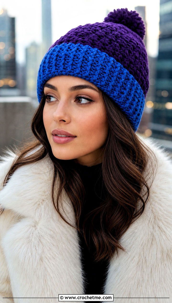 Two Tone Crochet Beanie With Faux Fur Jacket - 30 crochet beanies for women outfit ideas