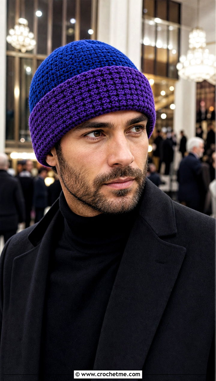 Two Tone Crochet Beanie With Monochrome Evening Outfit - 25 Crochet Mens Winter Hat outfit ideas