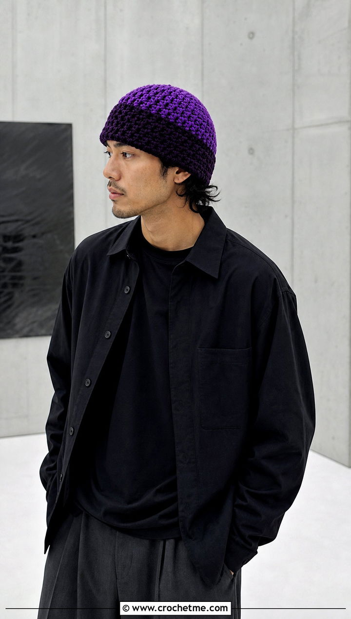 Two Tone Crochet Beanie With Monochrome Outfit - 25 Easy Mens Crochet Beanie outfit ideas