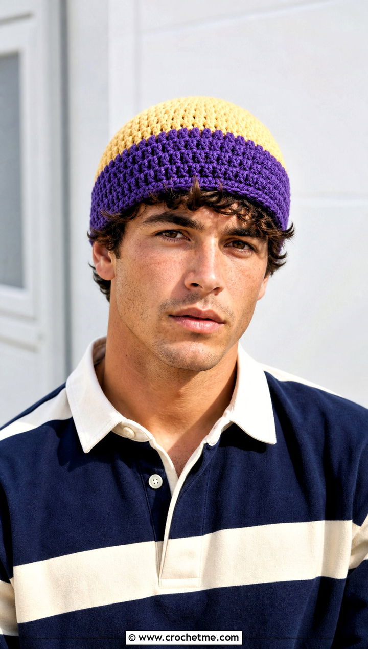 Two Tone Crochet Beanie With Rugby Shirt - 30 mens crochet hats men's beanie outfit ideas