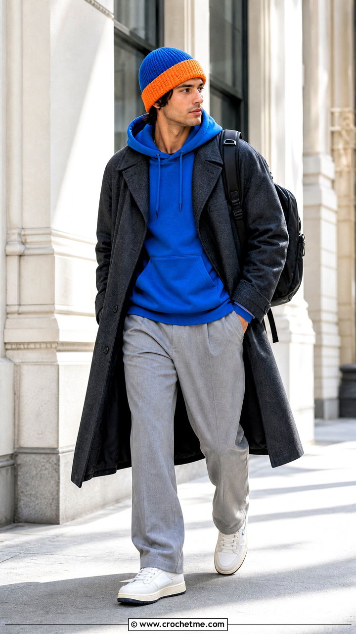 Two Tone Crochet Beanie With Topcoat And Hoodie - 35 crochet beanie for men outfit ideas