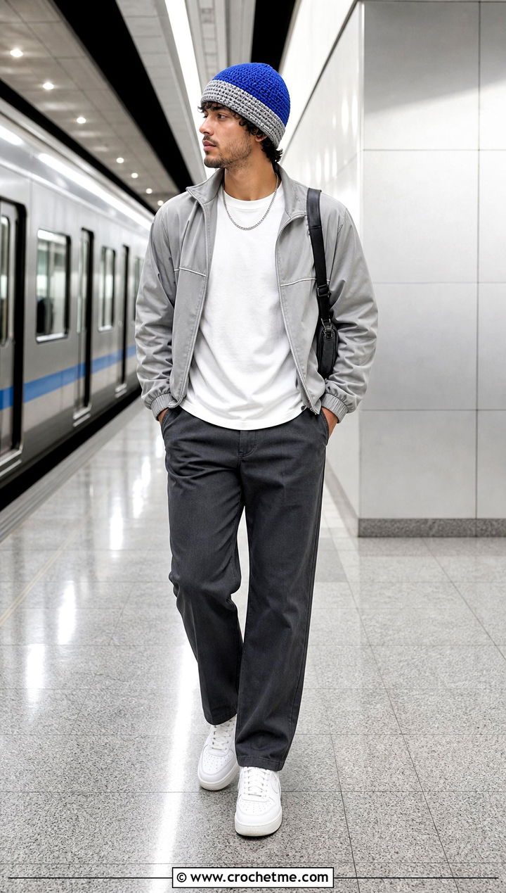 Two Tone Crochet Beanie With Track Jacket - 35 Men Crochet Beanie outfit ideas