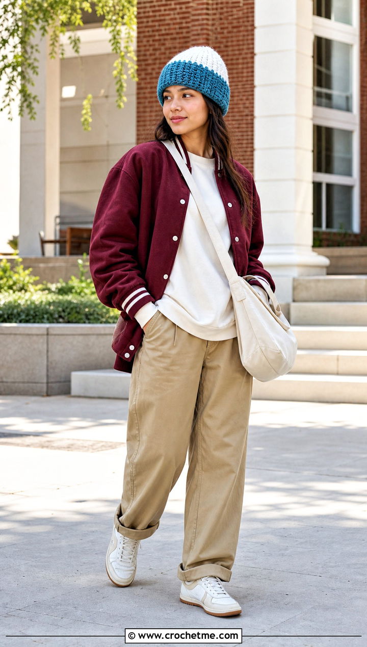 Two Tone Crochet Beanie With Varsity Jacket And Chinos - 35 crocheted beanies outfit ideas