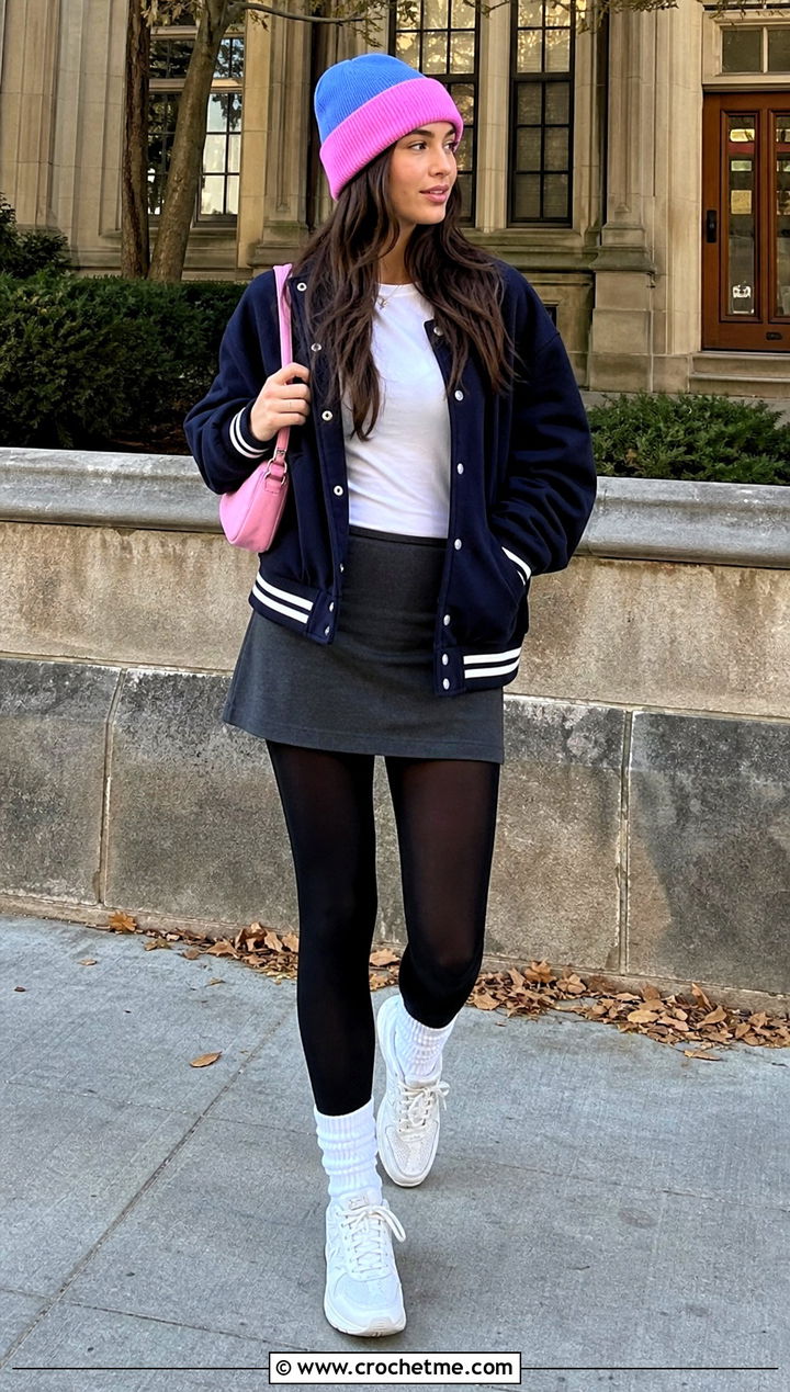 Two Tone Crochet Beanie With Varsity Jacket And Mini Skirt - 35 simple crochet beanie outfit ideas