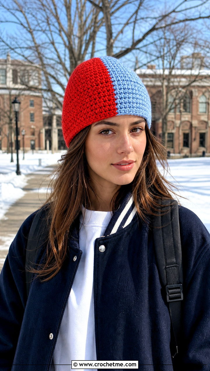 Two Tone Crochet Beanie With Varsity Jacket - 30 winter crochet beanie outfit ideas