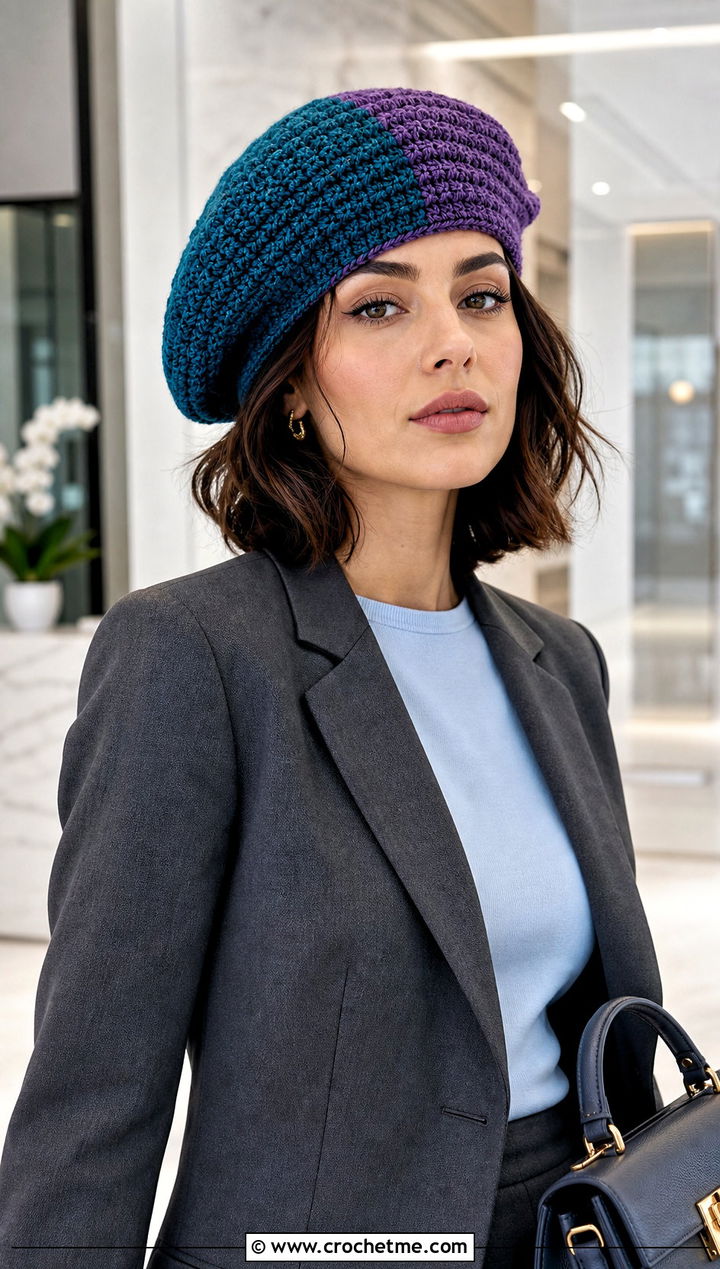 Two Tone Crochet Beret With Skirt Suit - 20 crochet beret hat outfit ideas