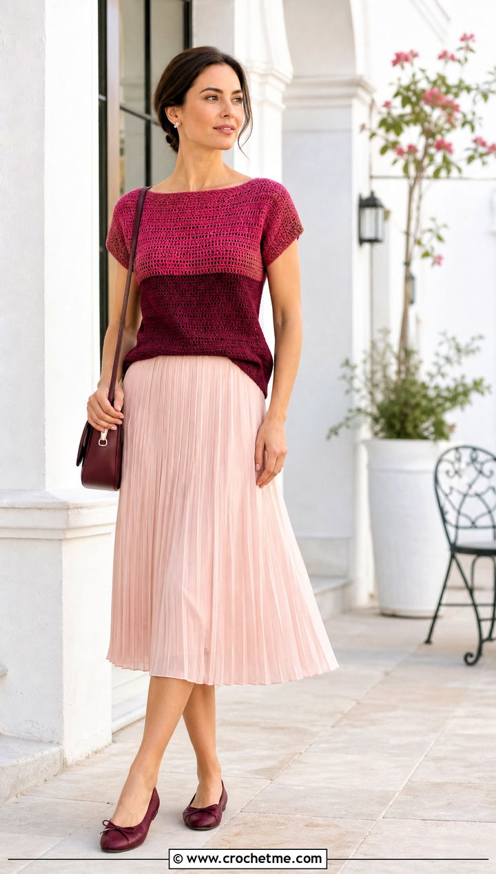 Two Tone Crochet Boatneck Top With Pleated Midi Skirt - 25 Crochet Two Tone Top outfit ideas